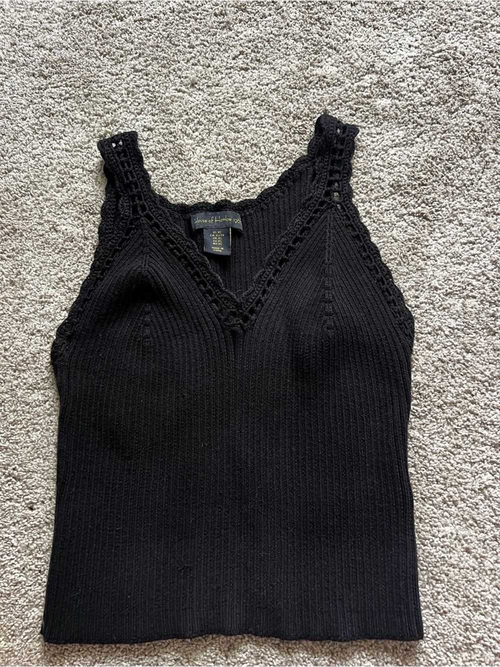 House of Harlow Black Ribbed Crochet-Trim Tank